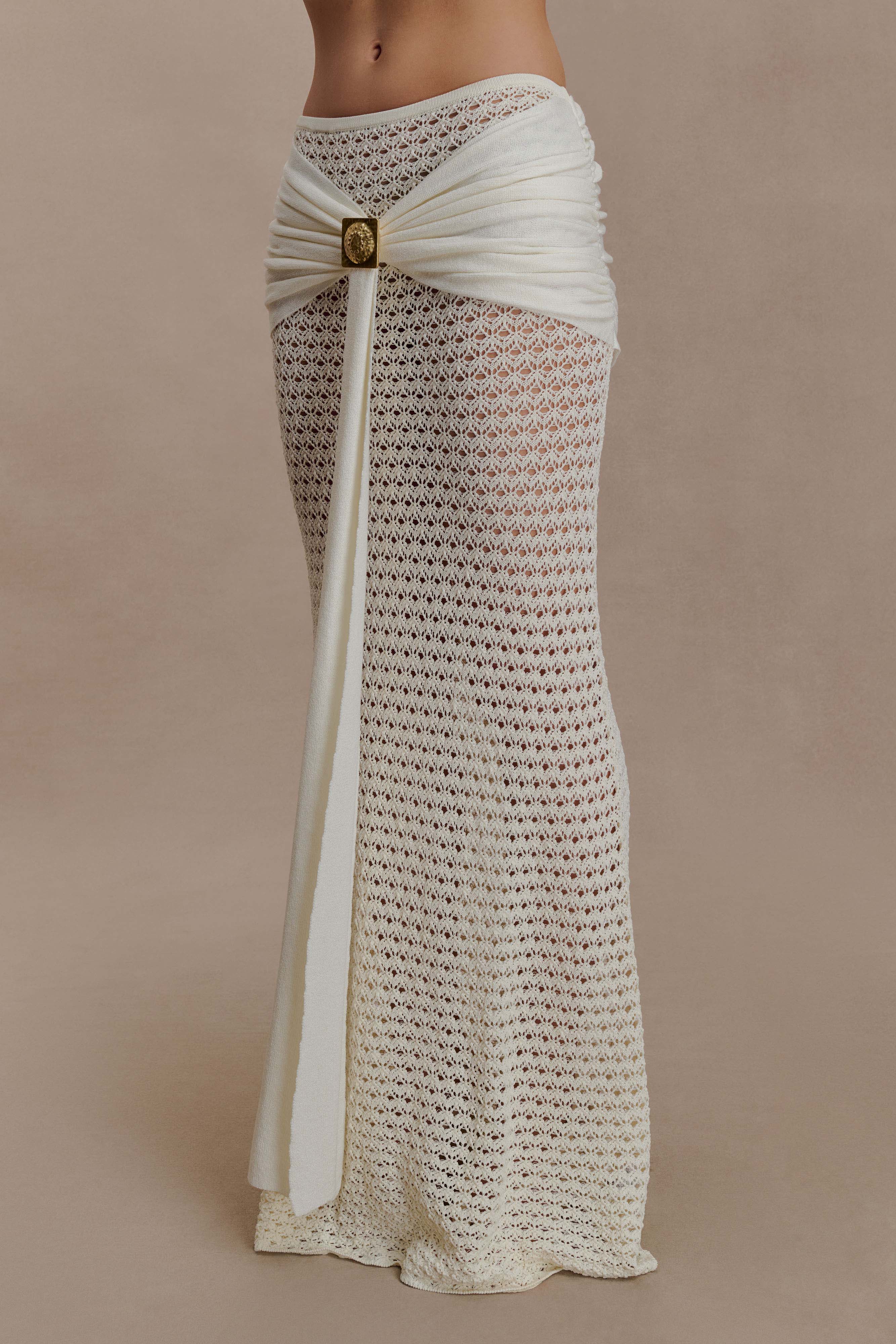 Cream crochet two-piece set with cutout details and gold buckle accents — Meshki | Endless UAE