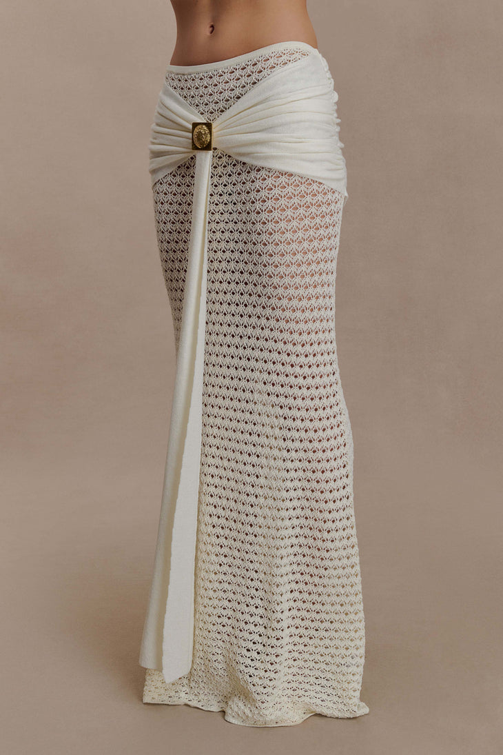 Cream crochet two-piece set with cutout details and gold buckle accents — Meshki | Endless UAE