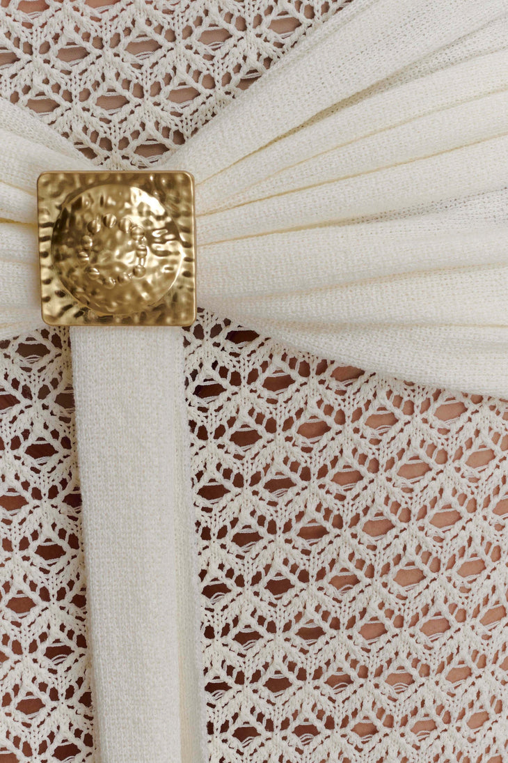 Cream crochet two-piece set with cutout details and gold buckle accents — Meshki | Endless UAE
