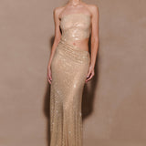 Starla Strapless Diamante Maxi Dress in champagne with cutout detail — Meshki | Endless UAE