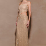 Starla Strapless Diamante Maxi Dress in champagne with cutout detail — Meshki | Endless UAE