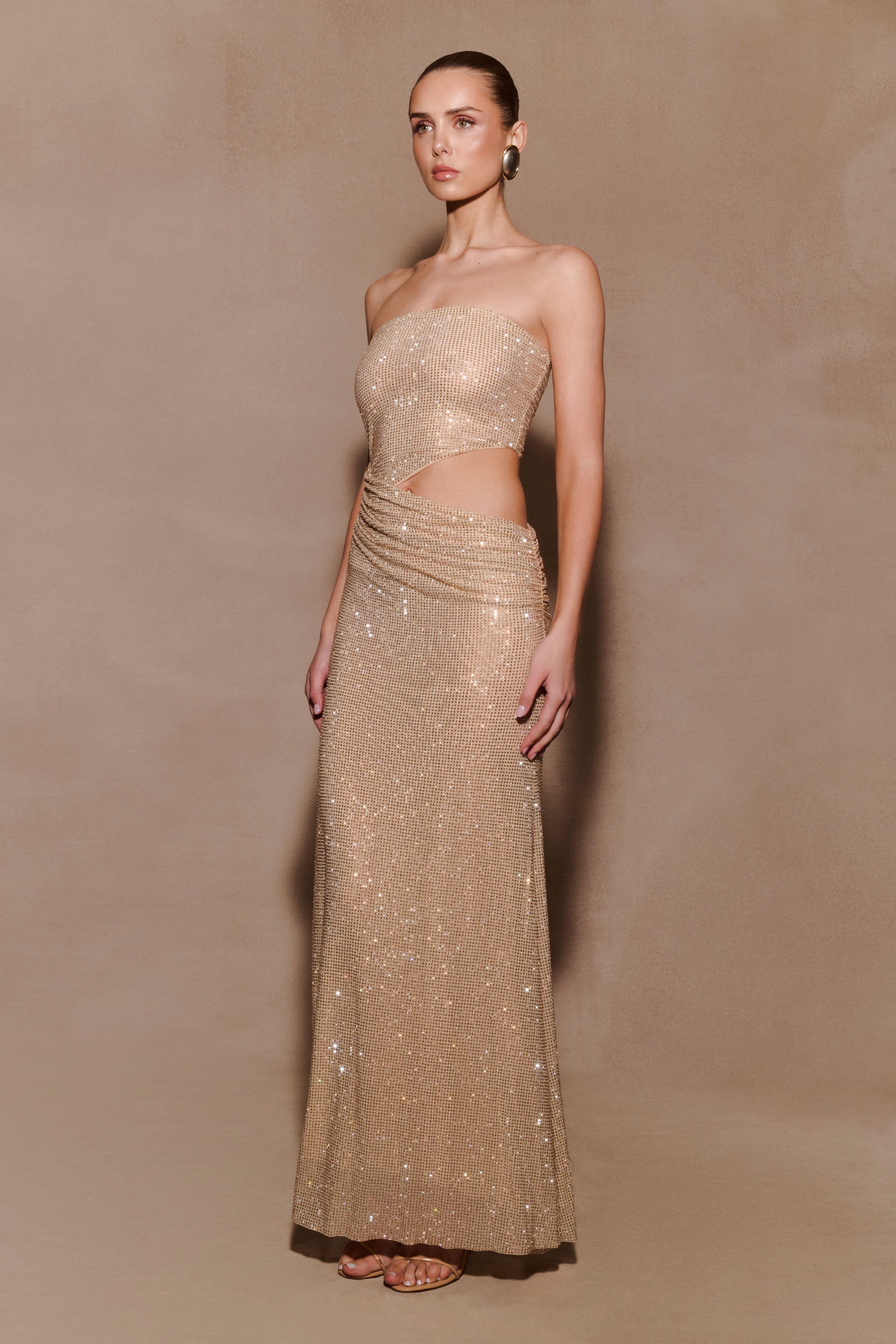 Starla Strapless Diamante Maxi Dress in champagne with cutout detail — Meshki | Endless UAE