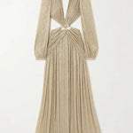 Beige metallic knitted maxi dress with cutout waist detail and long sleeves on white background — Patbo | Endless UAE