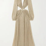 Beige metallic knitted maxi dress with cutout waist detail and long sleeves on white background — Patbo | Endless UAE
