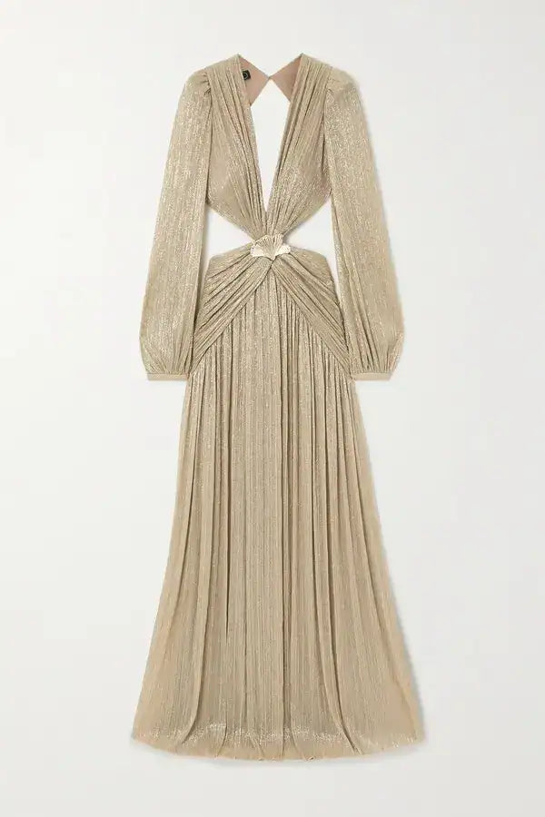 Beige metallic knitted maxi dress with cutout waist detail and long sleeves on white background — Patbo | Endless UAE