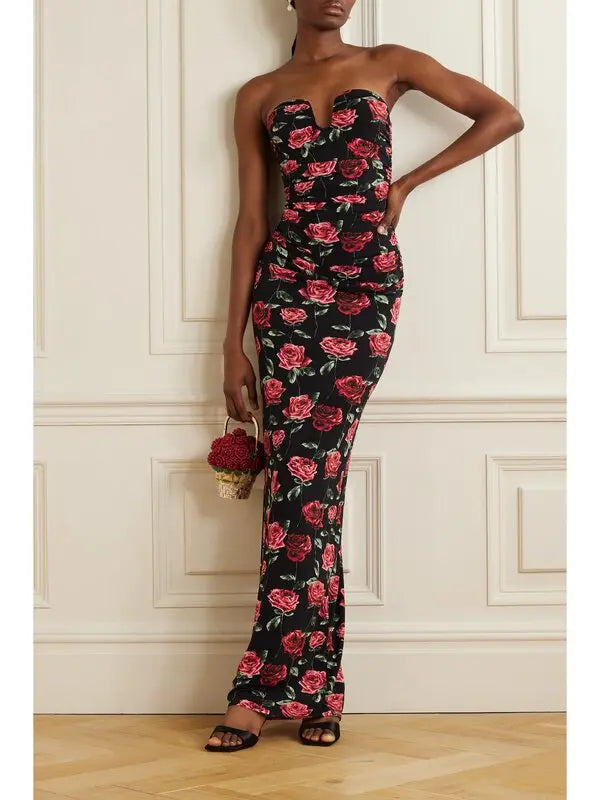 Magda Butrym black floral-print stretch-jersey bustier gown with ruched detailing and pink roses — Magda Butrym | Endless UAE