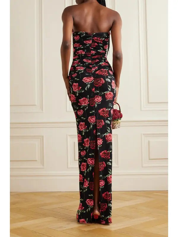 Magda Butrym black floral-print stretch-jersey bustier gown with ruched bodice and side slit — Magda Butrym | Endless UAE
