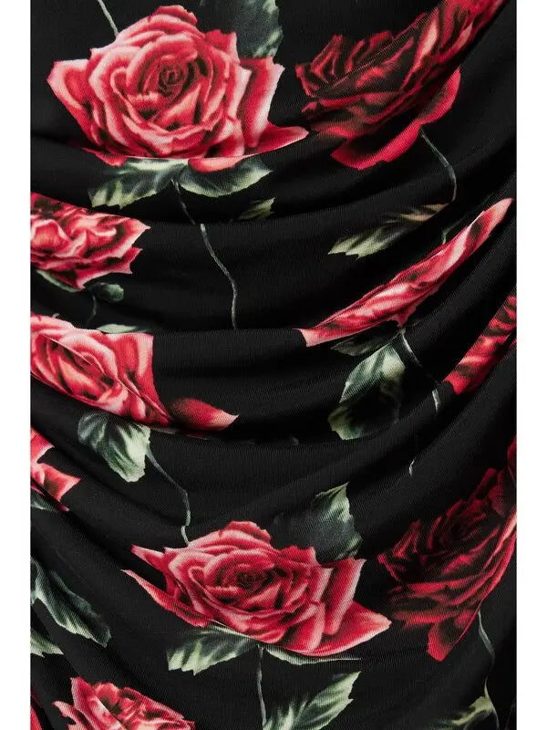 Black stretch-jersey gown with ruched red and pink rose print detailing — Magda Butrym | Endless UAE
