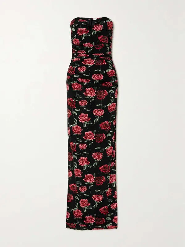 Black bustier gown with red rose print and ruched stretch-jersey fabric — Magda Butrym | Endless UAE