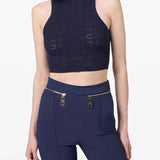 Navy jacquard sleeveless turtleneck crop top paired with high-waisted trousers — Elisabetta Franchi | Endless UAE
