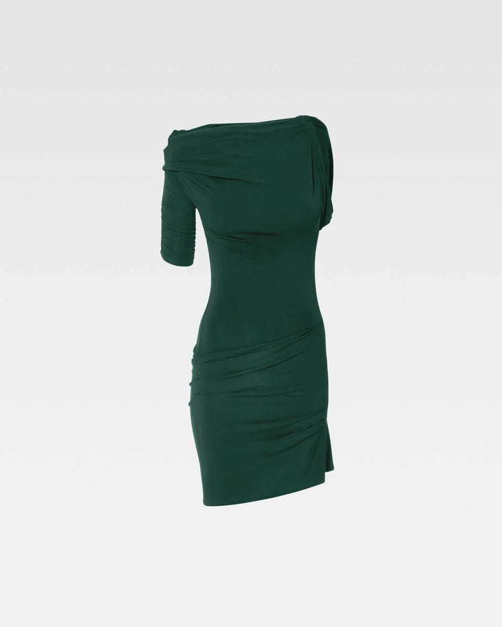 Dark green asymmetrical draped mini dress with one ruched sleeve and off-shoulder design — Jacquemus | Endless UAE