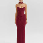 Burgundy mesh two-piece gown with choker neckline and ruched bodycon silhouette — Almond Muse | Endless UAE