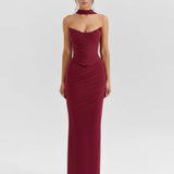 Burgundy mesh two-piece gown with choker neckline and ruched bodycon silhouette — Almond Muse | Endless UAE