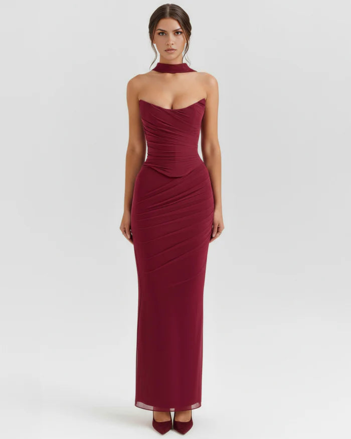 Burgundy mesh two-piece gown with choker neckline and ruched bodycon silhouette — Almond Muse | Endless UAE