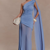 Woman wearing periwinkle blue one shoulder maxi dress with draped fabric detail and cream clutch — Meshki | Endless UAE