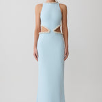 Light blue sleeveless maxi dress with pearl embellished neckline and waist cutouts — Meshki | Endless UAE