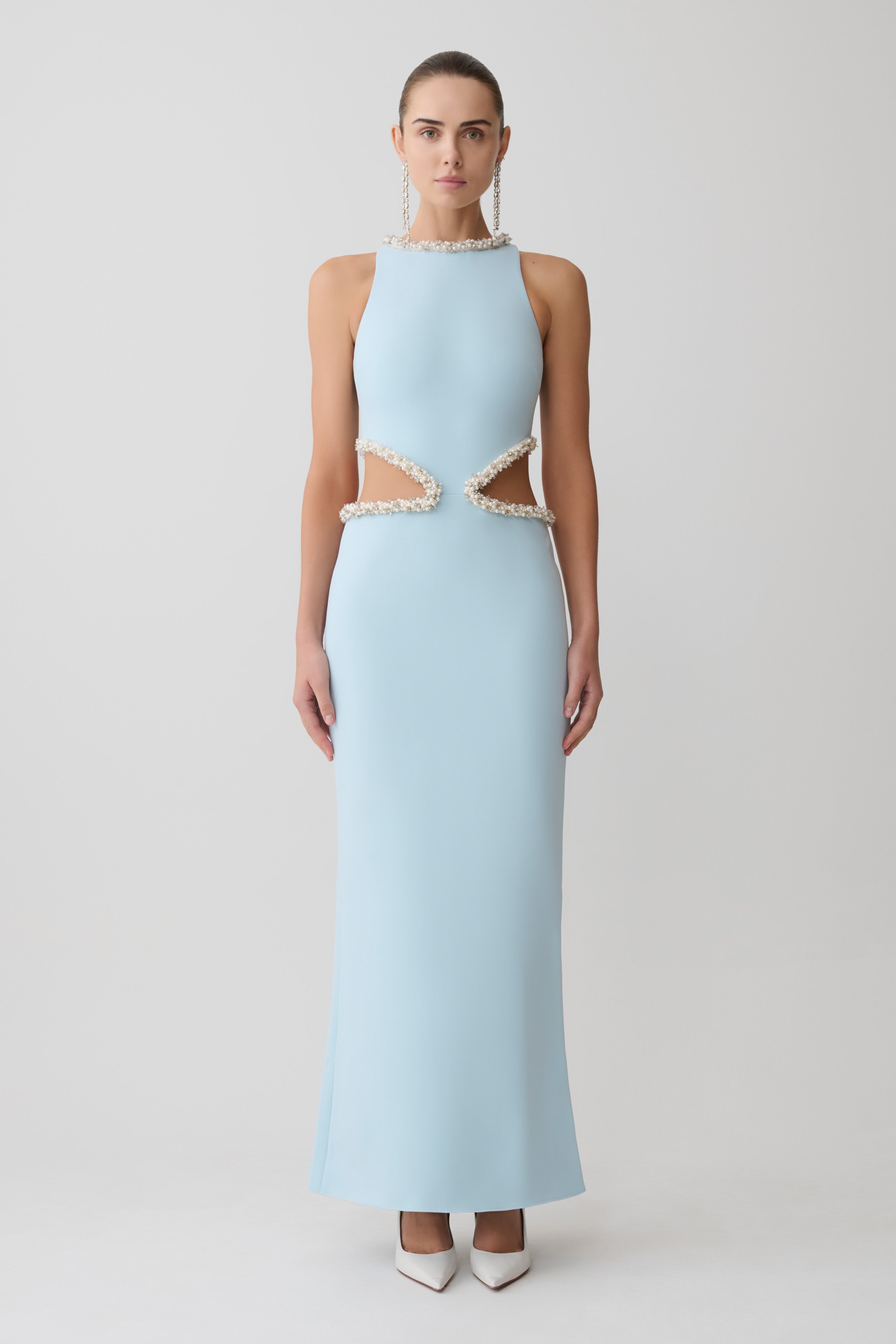 Light blue sleeveless maxi dress with pearl embellished neckline and waist cutouts — Meshki | Endless UAE