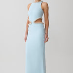 Light blue sleeveless maxi dress with pearl embellished neckline and waist cutouts — Meshki | Endless UAE