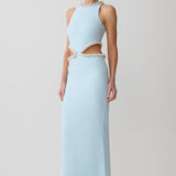 Light blue sleeveless maxi dress with pearl embellished neckline and waist cutouts — Meshki | Endless UAE