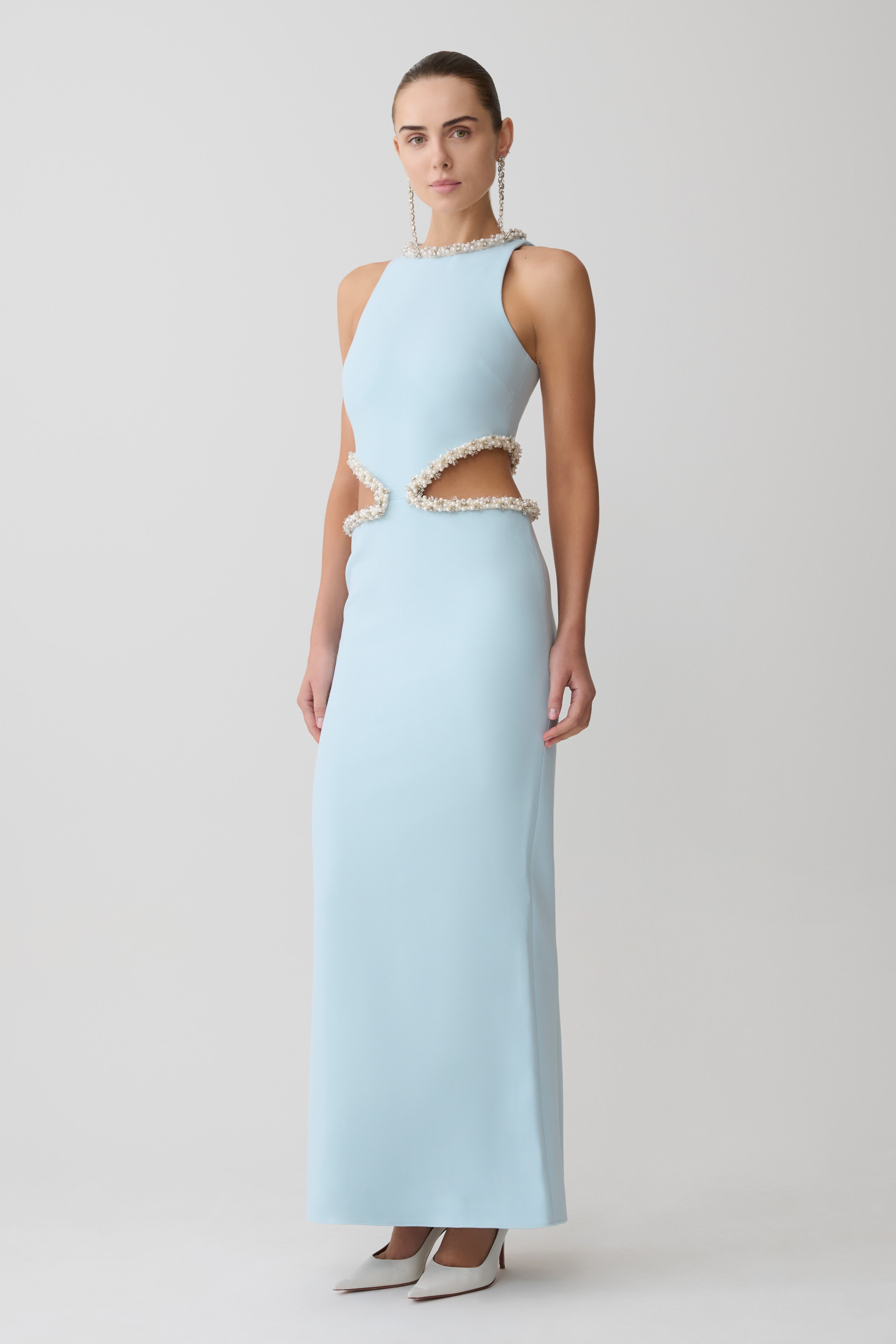 Light blue sleeveless maxi dress with pearl embellished neckline and waist cutouts — Meshki | Endless UAE
