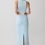 Light blue sleeveless maxi dress with pearl embellished neckline and waist cutouts — Meshki | Endless UAE