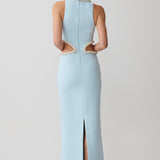 Light blue sleeveless maxi dress with pearl embellished neckline and waist cutouts — Meshki | Endless UAE