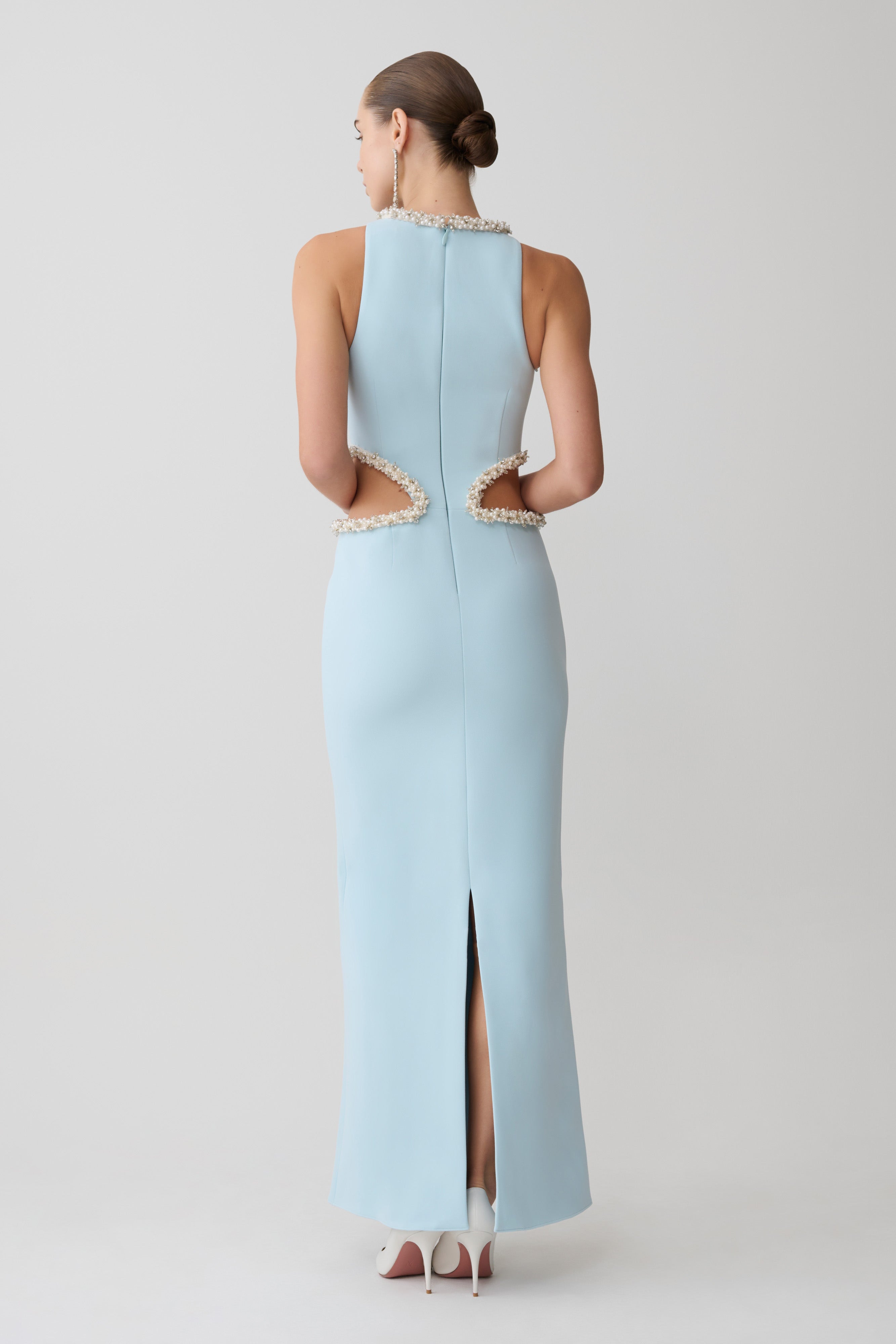 Light blue sleeveless maxi dress with pearl embellished neckline and waist cutouts — Meshki | Endless UAE