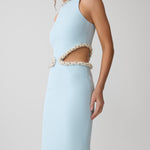 Light blue sleeveless maxi dress with pearl embellished neckline and waist cutouts — Meshki | Endless UAE