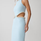 Light blue sleeveless maxi dress with pearl embellished neckline and waist cutouts — Meshki | Endless UAE
