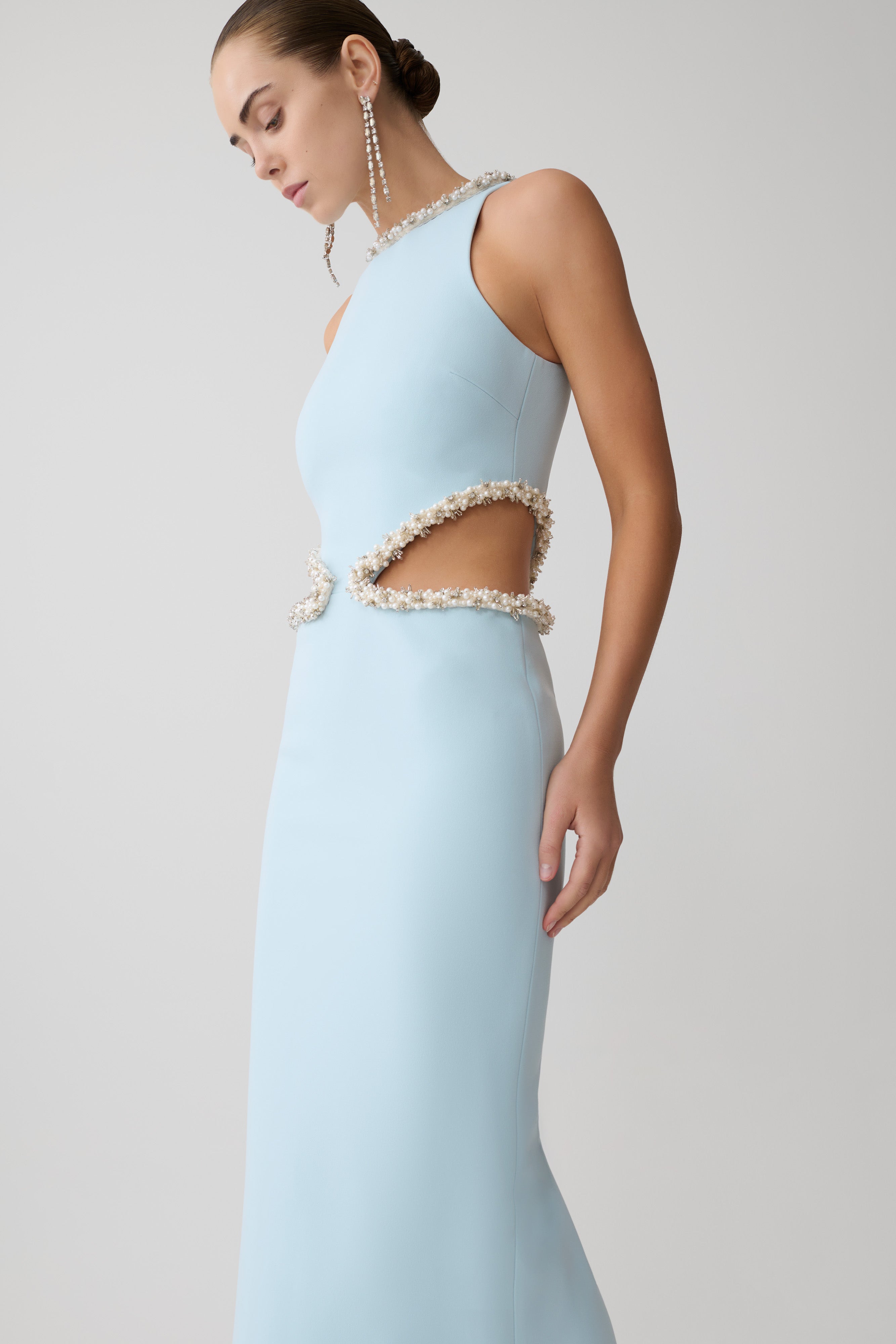 Light blue sleeveless maxi dress with pearl embellished neckline and waist cutouts — Meshki | Endless UAE