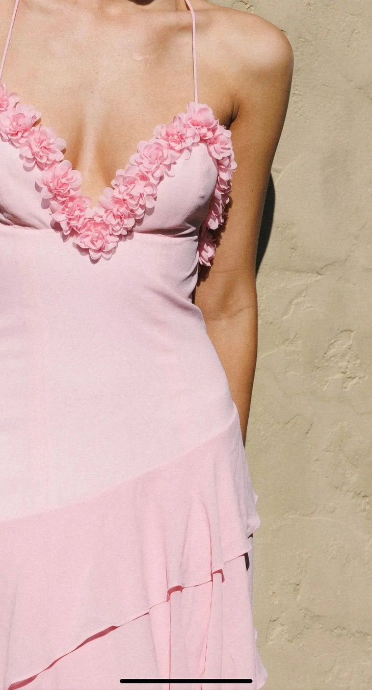 Pink spaghetti strap mini dress with 3D floral embellishments and ruffled tiered skirt — Anne Louise Boutique | Endless UAE