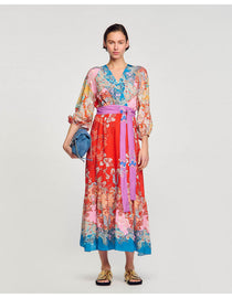 Colorful floral maxi dress with v-neck, balloon sleeves, and pink waist tie belt — Sandro | Endless UAE