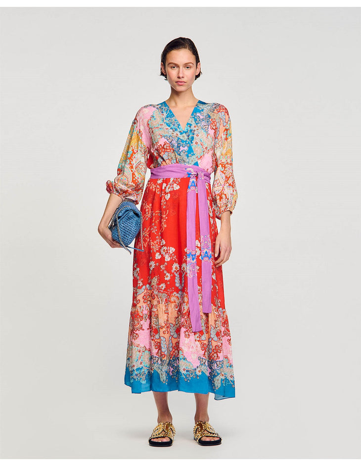 Colorful floral maxi dress with v-neck, balloon sleeves, and pink waist tie belt — Sandro | Endless UAE