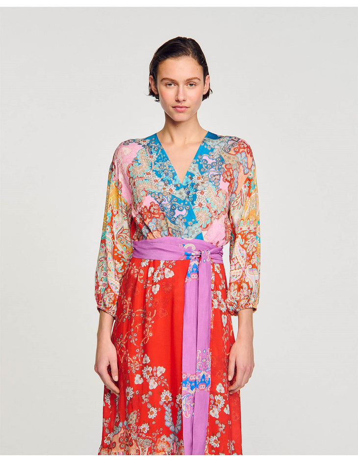 Multicolored patchwork floral maxi dress with V-neck, long sleeves, and purple tie belt — Sandro | Endless UAE