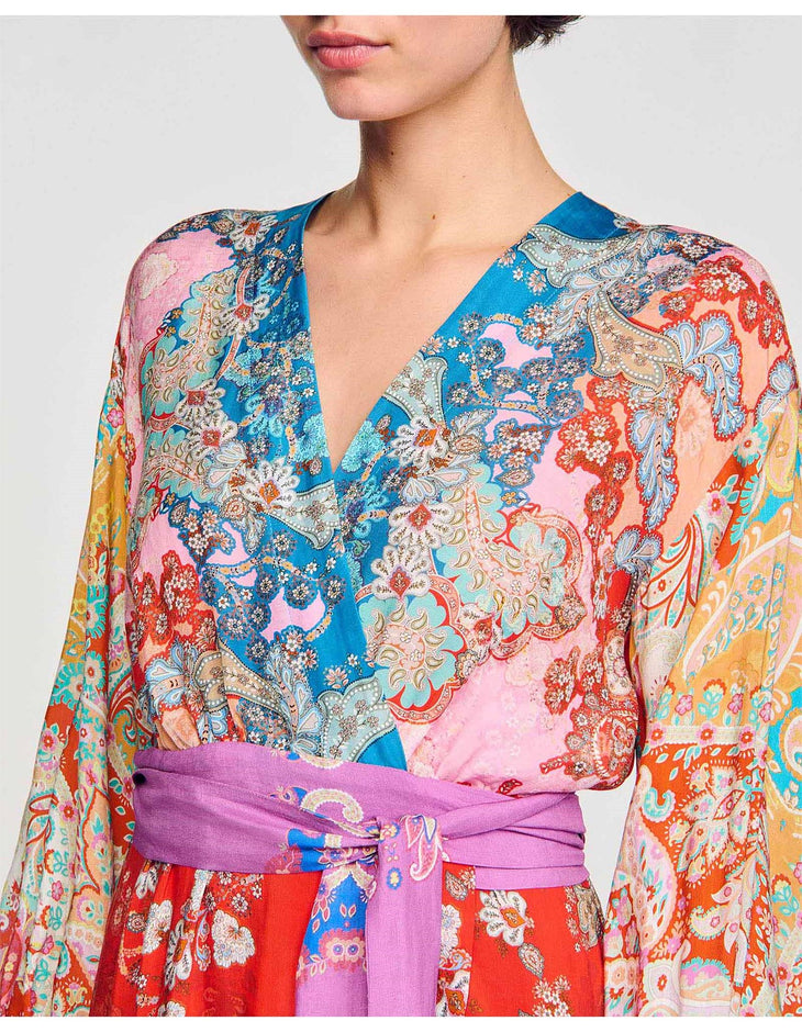 Colorful paisley print wrap dress with purple sash belt and long sleeves — Sandro | Endless UAE