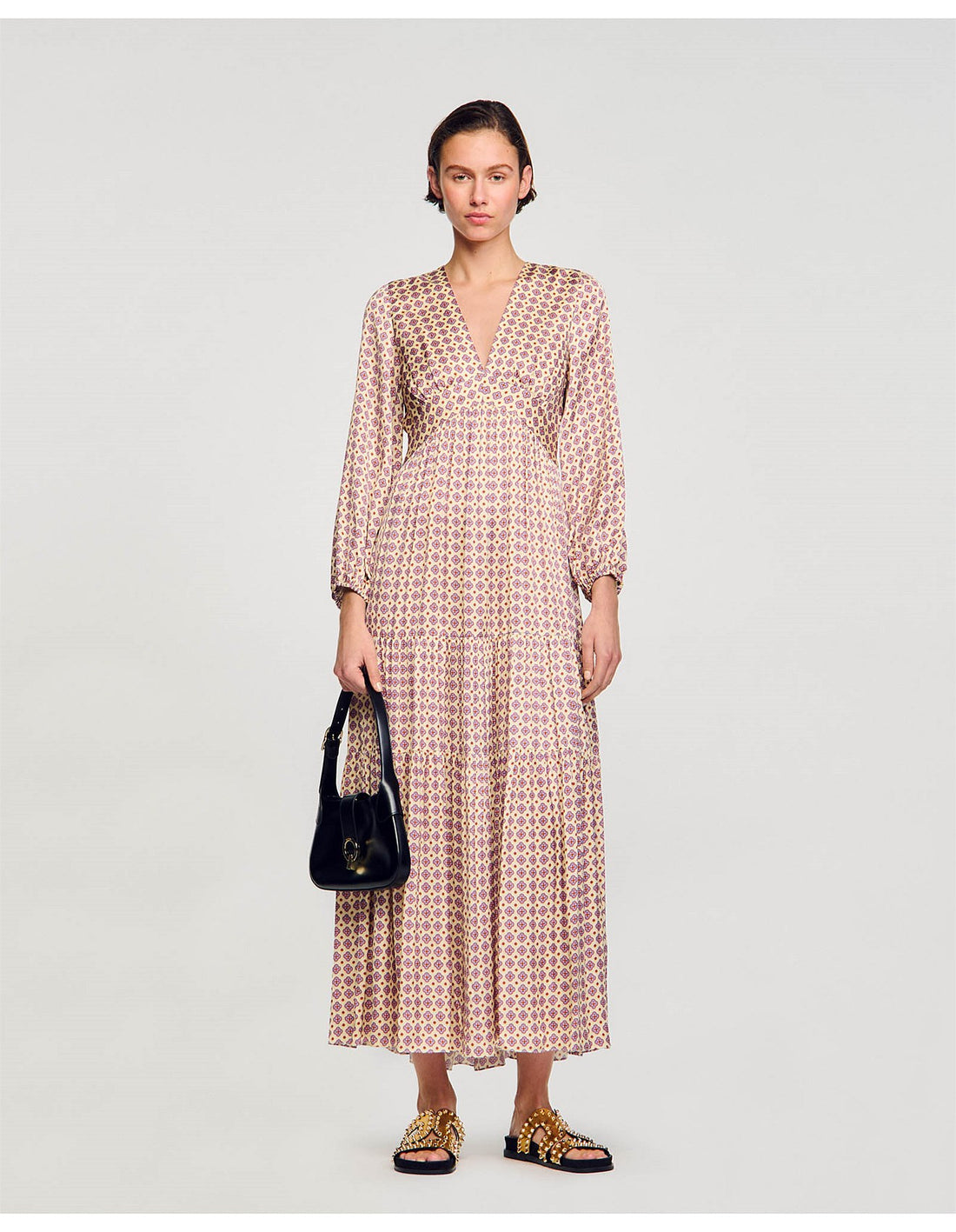 Long-sleeved maxi dress with geometric print pattern, V-neckline and flowing silhouette — Sandro | Endless UAE