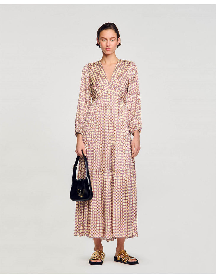 Long-sleeved maxi dress with geometric print pattern, V-neckline and flowing silhouette — Sandro | Endless UAE