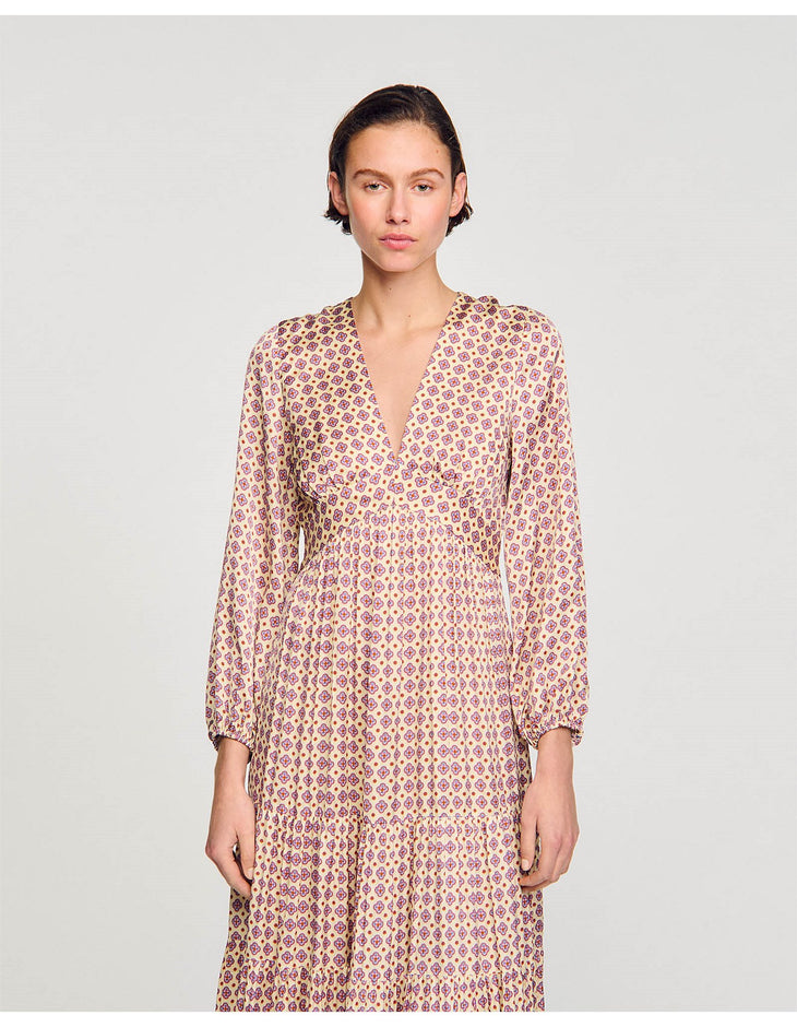 Long-sleeved printed maxi dress with V-neckline and gathered waist detail in beige and purple tones — Sandro | Endless UAE