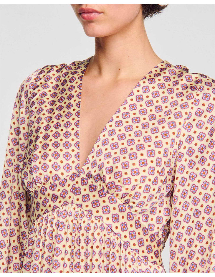 Yellow woven dress with geometric print pattern, featuring long sleeves and V-neckline detail — Sandro | Endless UAE