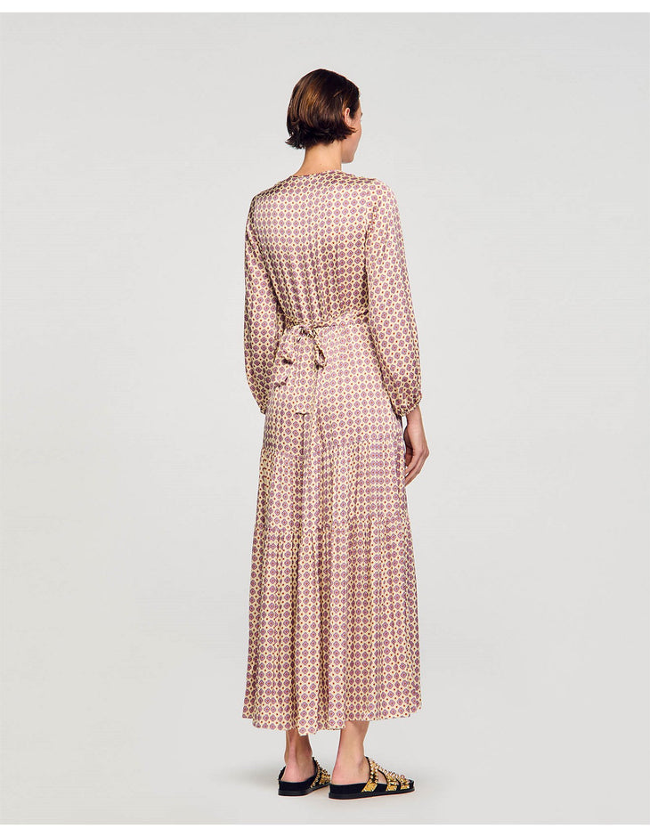 Long-sleeved maxi dress with geometric print pattern and tie waist belt, shown from back view — Sandro | Endless UAE