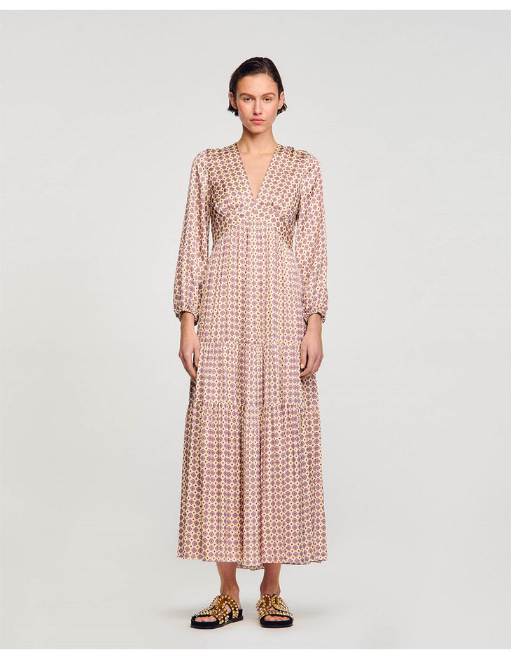 Long-sleeved maxi dress with geometric print, V-neck, and fitted waist in pink and beige tones — Sandro | Endless UAE