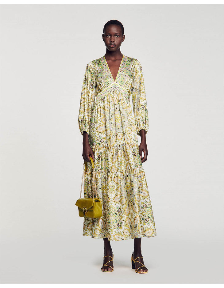 Long sleeve floral print maxi dress with v-neck, tiered skirt and empire waist in yellow and green tones — Sandro | Endless UAE