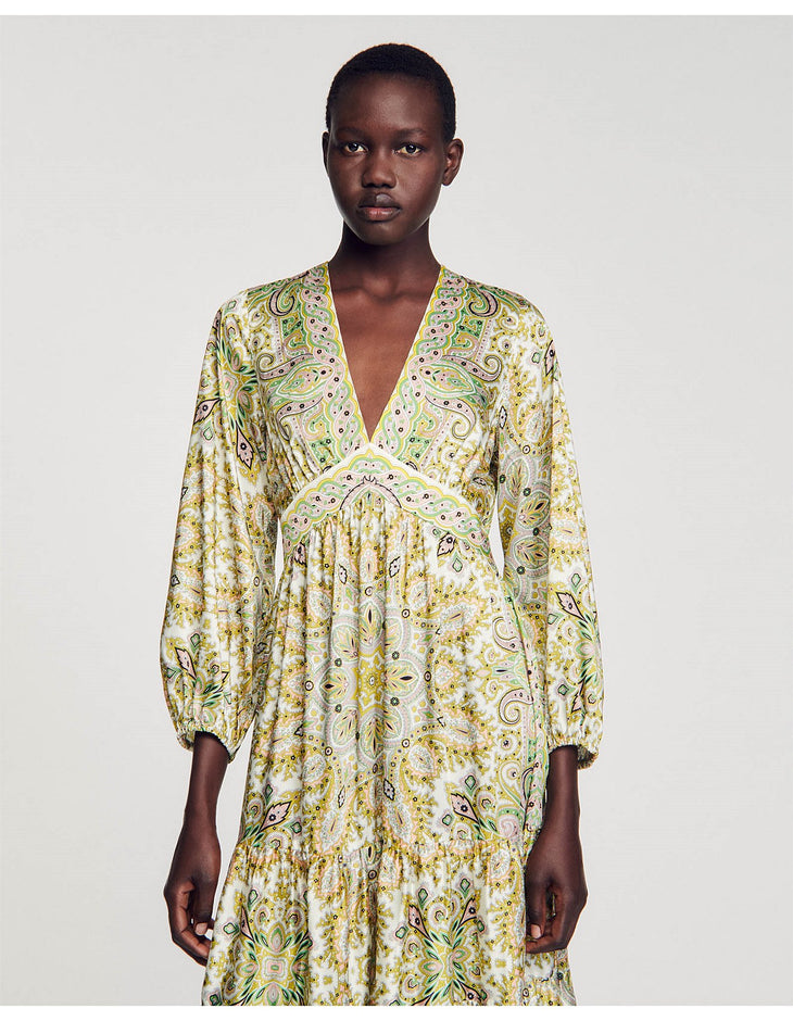 Paisley print woven maxi dress with V-neck, long blouson sleeves, and tiered skirt in yellow and green tones — Sandro | Endless UAE