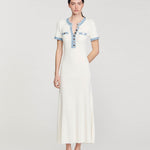 White ribbed knit maxi dress with blue denim-effect trim and button front detail — Sandro | Endless UAE