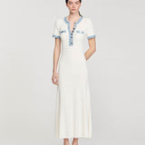 White ribbed knit maxi dress with blue denim-effect trim and button front detail — Sandro | Endless UAE