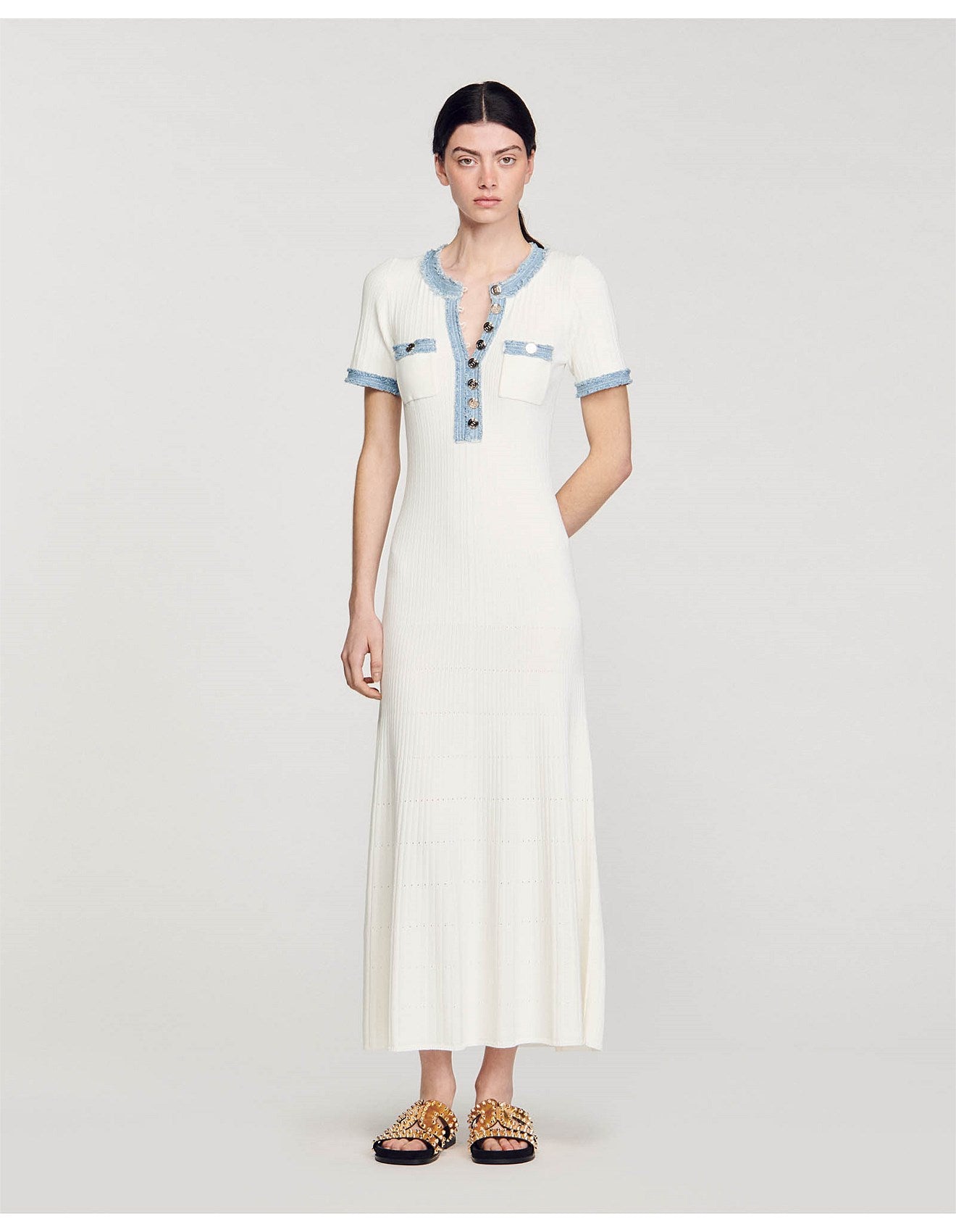 White ribbed knit maxi dress with blue denim-effect trim and button front detail — Sandro | Endless UAE