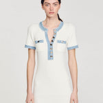 Ivory ribbed knit dress with light blue denim trim, gold buttons, and chest pockets in short sleeves — Sandro | Endless UAE