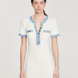 Ivory ribbed knit dress with light blue denim trim, gold buttons, and chest pockets in short sleeves — Sandro | Endless UAE