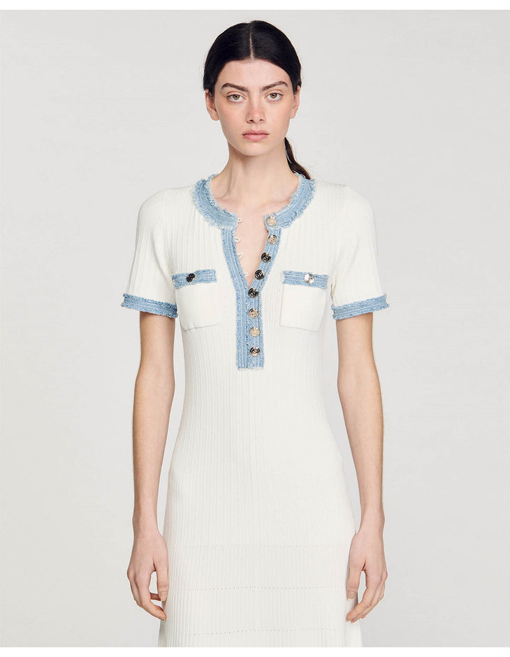 Ivory ribbed knit dress with light blue denim trim, gold buttons, and chest pockets in short sleeves — Sandro | Endless UAE