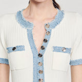 Cream ribbed knit dress with contrast blue denim-style trim and gold button detailing at front and chest pockets — Sandro | Endless UAE